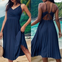 Fashion Solid Color V-neck Backless Pleated Dress
