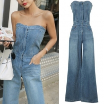 Sexy Old-washed Strapless Wide-leg Denim Jumpsuit