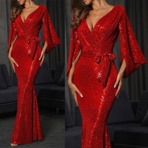 Sexy Sequined V-neck Elbow Sleeve Self-tie Fish-tail Party Dress