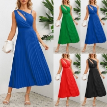 Fashion Solid Color Asymmetrical Shoulder Front Cut Out Pleated Mini Dress