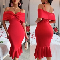 Sexy Off-the-Shoulder Ruched Fishtail Bodycon Slip Dress