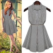 Fashion Sleeveless POLO Collar Striped Dress