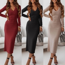 Fashion Solid Color V-neck Long Sleeve Ribbed Bodycon Dress