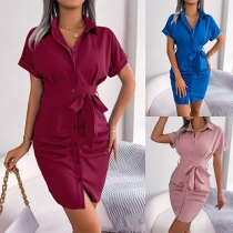 Fashion Solid Color Stand Collar Buttoned Short Sleeve Self-tie Shirt Dress