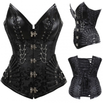 Vintage Jacquard Cross-criss Chain Front Buckle Back Lace-up Strapless Corset