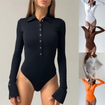 Sexy Stand Collar Front Button Long Sleeve Bodysuit