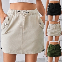 Street Fashion Solid Color Side Drawstring Elastic Waist Mini Skirt
