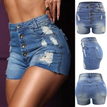 Street Fashion Old-washed Button Distressed High-rise Denim Shorts