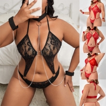 Sexy Halter Neck Chain O-ring Lace Lingerie Set
