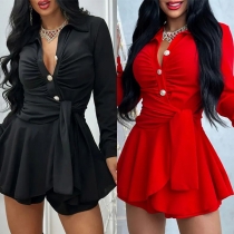 Fashion Solid Color Stand Collar Button V-neck Ruched Self-tie Waist Romper