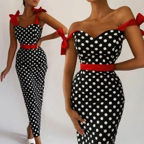 Sexy Contrast Color Polka-dot Printed Bowknot Bodycon Dress
