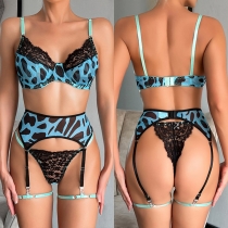 Sexy Leopard Printed Lace Spliced Three-piece Lingerie Set