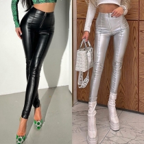 Fashion Front Zipper Artificial Leather PU Skinny Pants