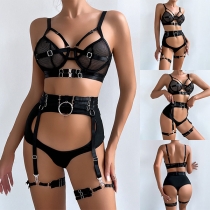 Sexy O-ring Hollowout Mesh-net Lace Three-piece Lingerie Set