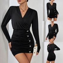 Fashion V-neck Long Sleeve Ruched Buttoned Bodycon Dress