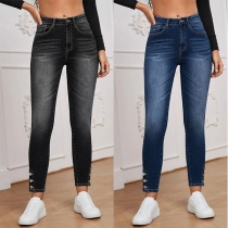 Fashion Old-washed Button Skinny Denim Jeans