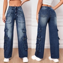 Street Fashion Old-washed Side Patch Pockets High-rise Straight-cut Denim Jeans