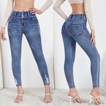 Fashion Old-washed Distressed High-rise Skinny Denim Jeans