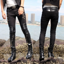 Street Fashion Zipper Artificial Leather PU Spliced Skinny Pants for Men