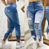 Street Fashion Distressed Letter Printed Denim Pants for Women