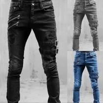 Street Fashion Buckle Zipper Distressed Old-washed Denim Jeans for Men