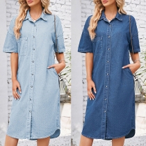 Casual Stand Collar Long Sleeve Front Buttoned Loose Denim Dress