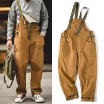 Vintage Patch Pockets Loose Cargo Suspender Pants for Men