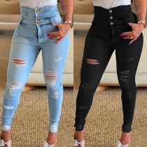 Street Fashion Old-washed Distressed High-rise Skinny Denim Jeans