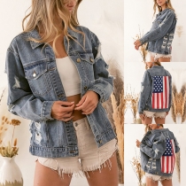 Fashion Old-wash Distressed American Flag Printed Denim Jacket