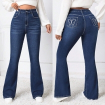 Fashion Butterfly Embroidered Wide-leg Denim Jeans