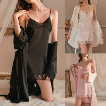 Sexy Comfy Lace Spliced Three-piece Pajamas Set Consist of Robe, Nightwear Dress and Thong