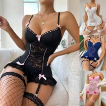 Sexy Contrast Color Bowknot Rhinestone Lace Spliced Lingerie Bodysuit