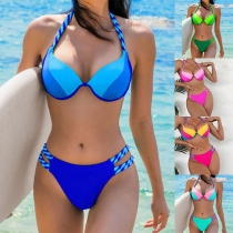 Sexy Contrast Color Cutout Halterneck Two-piece Bikini Set