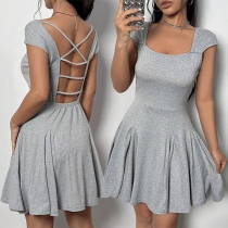 Casual Square Neck Cap Sleeve Lace-up Backless Mini Dress