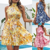 Fashion Floral Printed Halterneck Sleeveless Mini Dress
