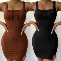 Fashion Square Neckline Ruched Ribbed Slit Bodycon Dress