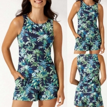 Bohemia Style Palm Tree Printed Two-piece Swimming Suit Consist of Swimming Tank Top and Swimming Bottom