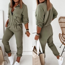 Fashion Solid Color Long Sleeve POLO Collar High Waist Jumpsuit