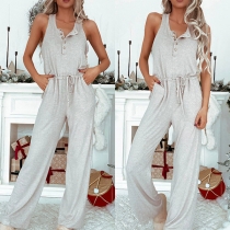 Casual Sleeveless Front Buttoned Drawstring Jumpsuit