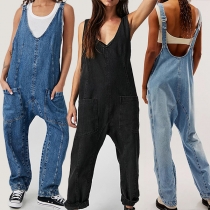 Casual Old-washed Patch Pockets Loose Denim Jumpsuit