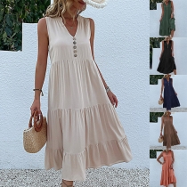 Casual Solid Color Button V-neck Sleeveless Tiered Dress