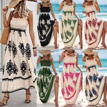 Bohemia Style Floral Printed Smocked Midi-dress