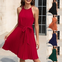Fashion Solid Color Round Neck Sleeveless Self-tie Waist Pleated Dress