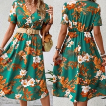 Bohemia Style Floral Printed V-neck Short Sleeve Dress
