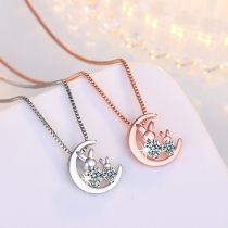 Cute Rhinestone Rabbit Moon Pendant Necklace