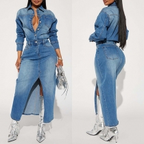 Street Fashion Front Button Collar Long Sleeve Front Slit Old-washed Denim Dress