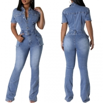 Street Fashion Front Button Stand Collar Short Sleeve Side Patch Pockets Wide-leg Old-washed Denim Jumpsuit