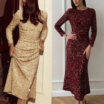 Fashion Sequin Round Neck Long Sleeve Party Dress