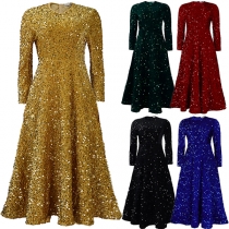 Fashion Sequin Round Neck Long Sleeve Party Dress
