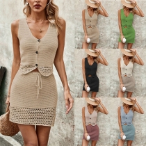 Fashion Knitted Two-piece Set Consist of Sleeveless Vest and Skirts